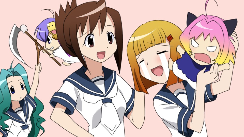 5girls, angry, blue_eyes, branch, brown_eyes, brown_hair, gradient_hair, green_hair