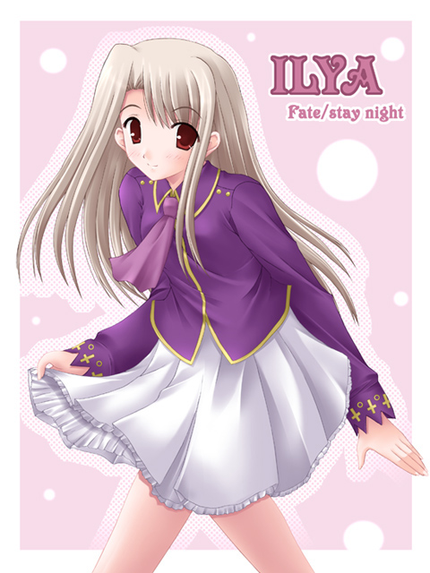 1girl, aikawa_fuugetsu, ascot, asymmetrical_bangs, bangs, blonde_hair, character_name, eyebrows, eyebrows_visible_through_hair, fate/stay_night, fate_(series), illyasviel_von_einzbern, jacket, leaning_forward, long_hair, long_sleeves, looking_at_viewer, purple_jacket, red_eyes, skirt, smile, solo, white_skirt