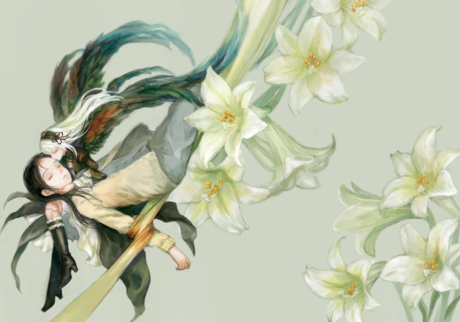 aaaa, black_hair, boots, closed_eyes, doll_joints, dress, flower, hairband