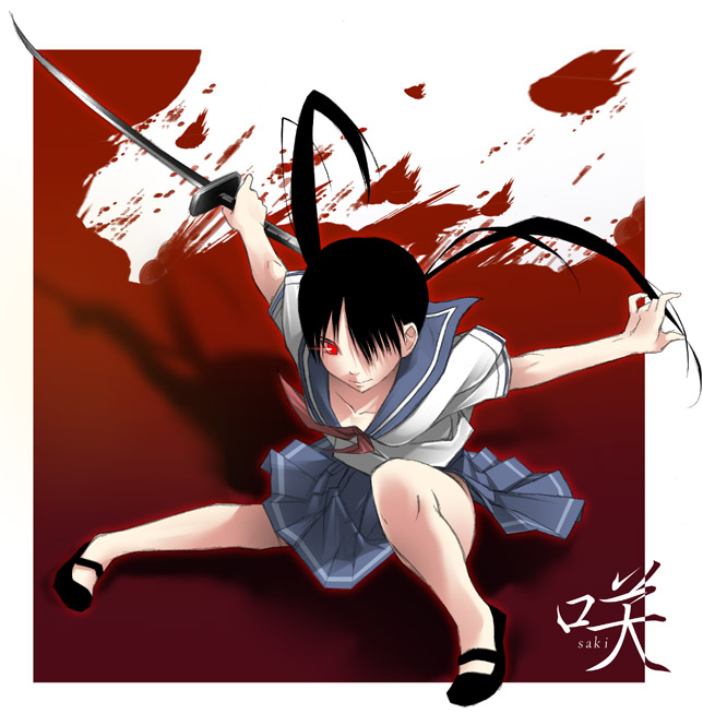 1girl, black_hair, blood, downblouse, glowing, glowing_eyes, hair_over_one_eye, kantoku