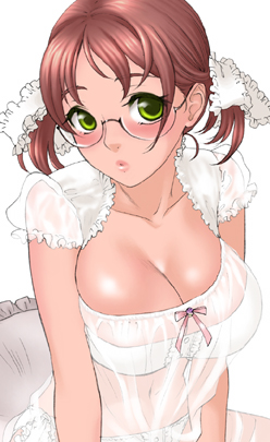 blush, breasts, brown_hair, cleavage, glasses, green_eyes, large_breasts, lingerie