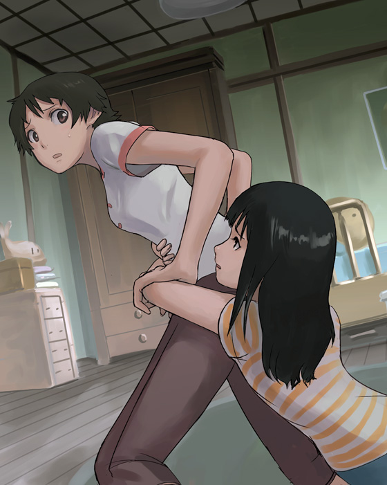 2girls, black_hair, konno_makoto, konno_miyuki, multiple_girls, short_hair, siblings, sisters