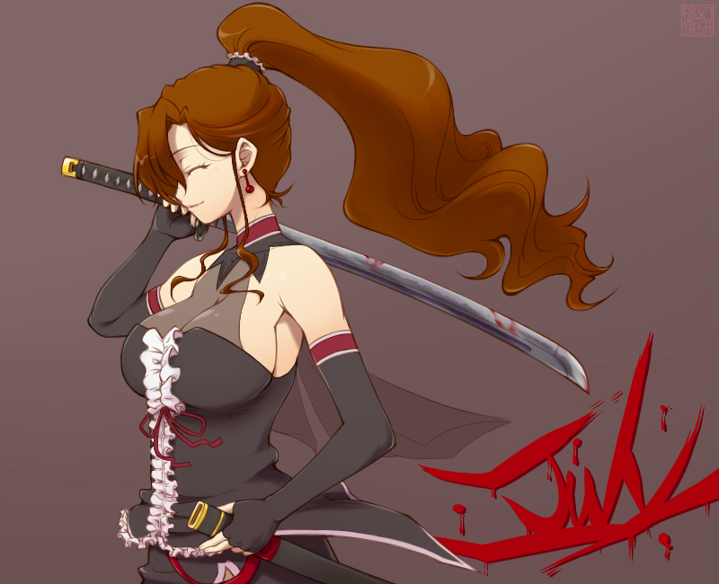 1girl, bare_shoulders, blood, breasts, brown_hair, coyote_ragtime_show, earrings, elbow_gloves