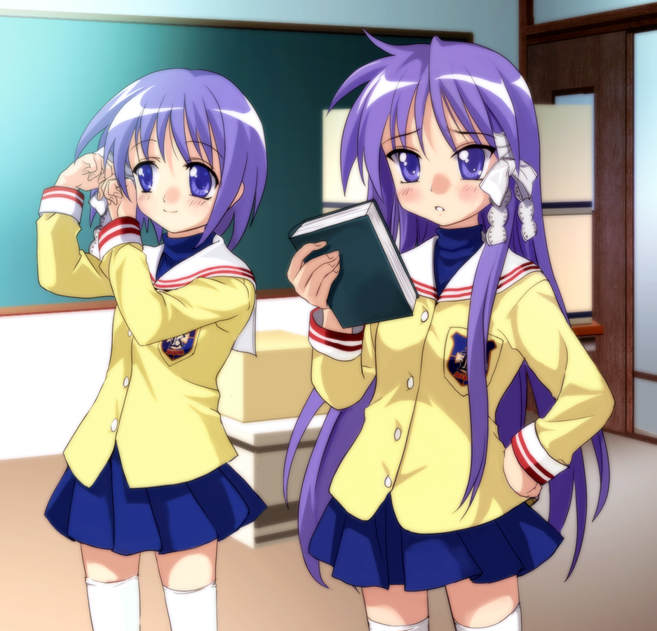 2girls, book, clannad, company_connection, cosplay, crossover, fujibayashi_kyou, fujibayashi_kyou_(cosplay), fujibayashi_ryou, fujibayashi_ryou_(cosplay), hiiragi_kagami, hiiragi_tsukasa, key_(company), kyoto_animation, long_hair, look-alike, lucky_star, multiple_girls, mutsuki_(moonknives), purple_hair, school_uniform, serafuku, short_hair, siblings, sisters, thigh-highs, twins