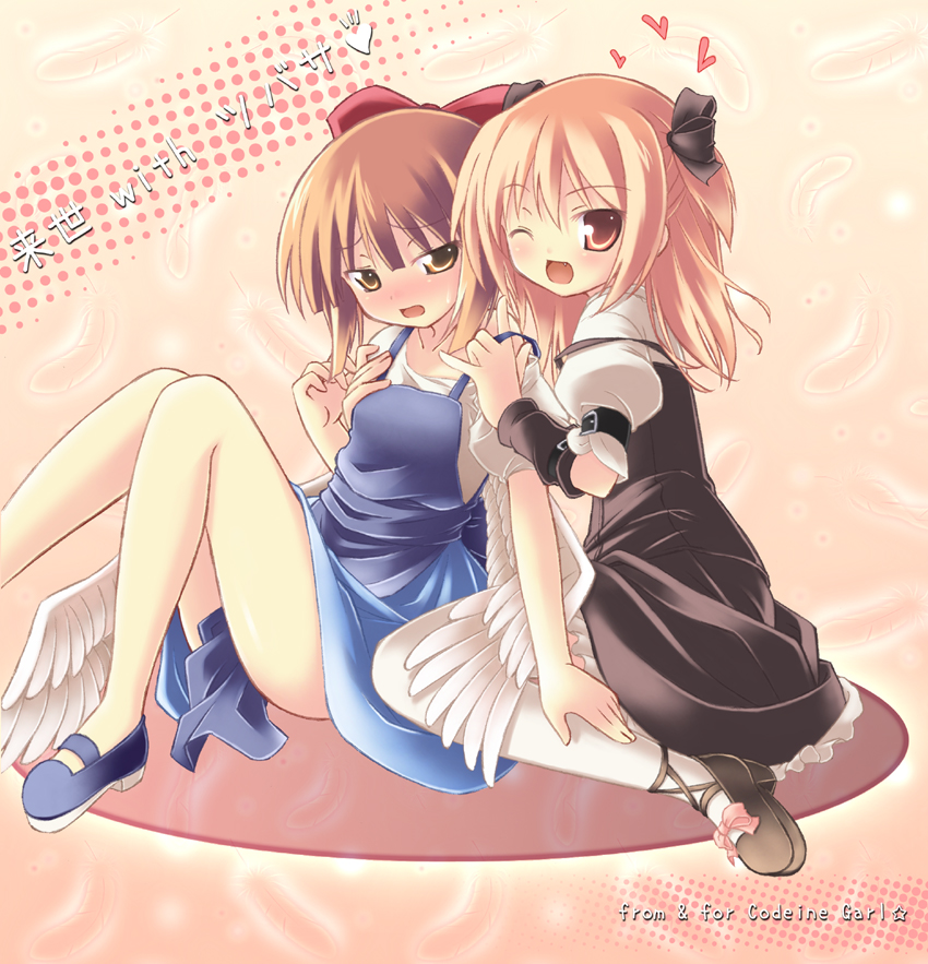 2girls, blush, borrowed_character, bow, brown_eyes, brown_hair, hair_bow, heart