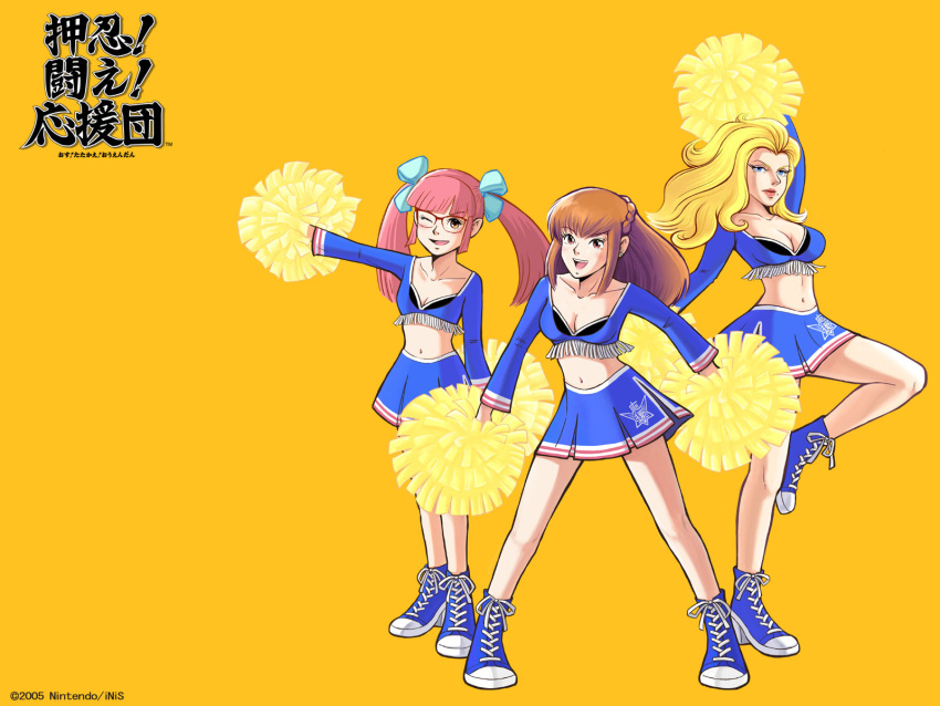 3girls, amemiya_sayaka, anna_lindhurst, blonde_hair, braid, breasts, brown_hair, cheerleader