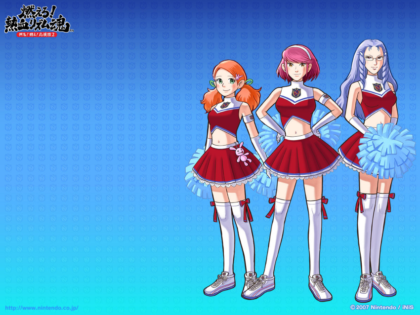 3girls, bunny_hair_ornament, cheerleader, drill_hair, elbow_gloves, glasses, gloves, hair_ornament, hairband, hairpin, highres, kawai_honoka, kawai_honoka_(ouendan), midriff, minazuki_reika, multiple_girls, official_art, osu!_tatakae!_ouendan, osu!_tatakae!_ouendan_2, ouendan, ouendan_2, pom_poms, shirosaki_rin, skirt, stuffed_animal, stuffed_bunny, stuffed_toy, thigh-highs, turtleneck, twintails, wallpaper