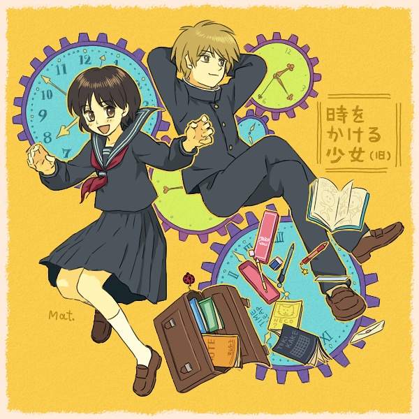 1boy, 1girl, book, brown_hair, clock, fukamachi_kazuo, gears, mat.