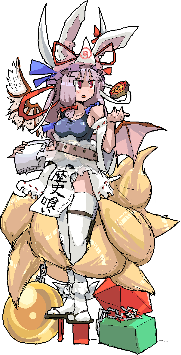 (9), 1girl, animal_ears, annotated, bat_wings, blonde_hair, book, bow