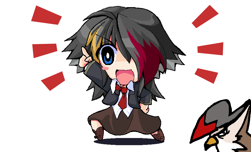 chibi, hair_over_one_eye, hand_on_hip, kotojima_motoki, kotoshima, moemon, multicolored_hair, necktie