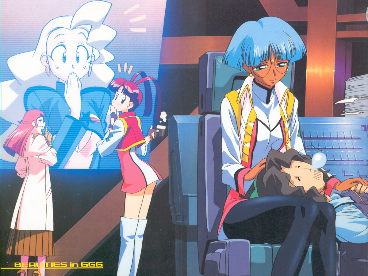 1boy, 4girls, 90s, antenna_hair, black_legwear, blonde_hair, blue_hair, dark_skin
