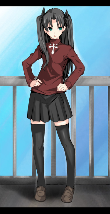 1girl, black_hair, black_legwear, bow, fate/stay_night, fate_(series), female, green_eyes