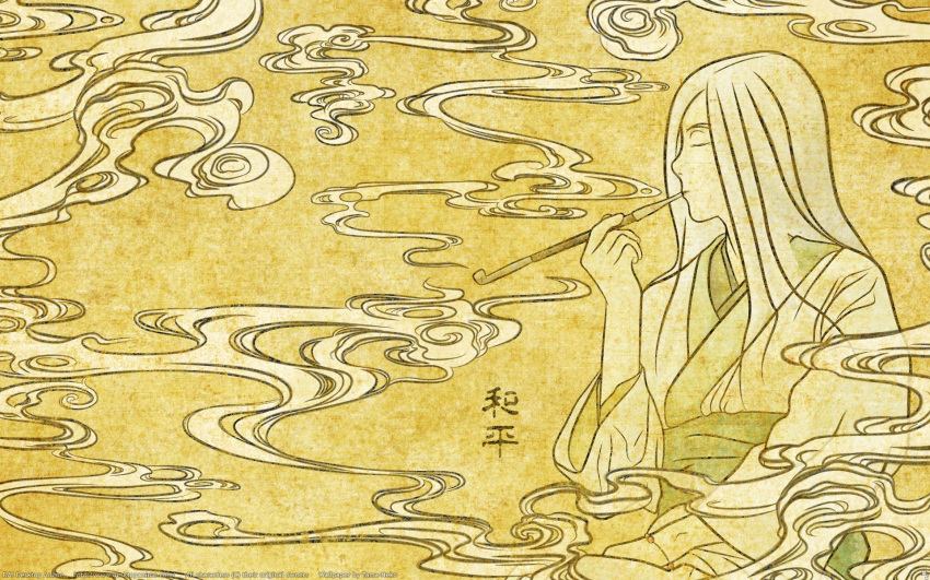 1girl, closed_eyes, highres, japanese_clothes, kiseru, long_hair, mushishi, nui