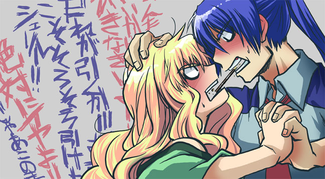 1girl, angry, blonde_hair, couple, hand_holding, holding_hands, macross, macross_frontier, mura, mura_(kiyohime), pocky, pocky_kiss, saotome_alto, shared_food, sheryl_nome, translation_request