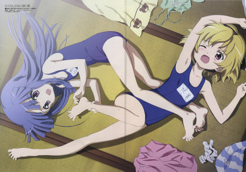 2girls, absurdres, barefoot, blonde_hair, feet, foot_tickling, furude_rika, hands_on_feet
