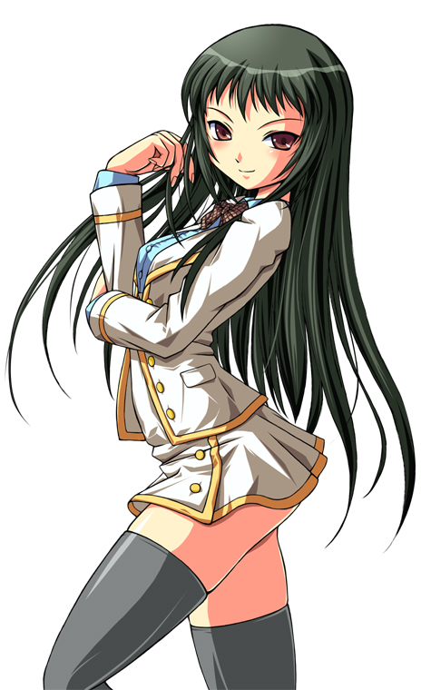 1girl, black_hair, black_legwear, closed_mouth, dress, from_side, long_sleeves, looking_at_viewer