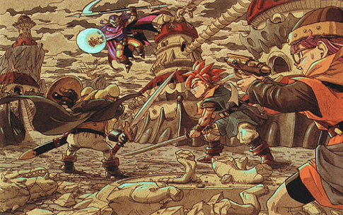 90s, battle, chrono_(series), chrono_trigger, crono, kaeru_(chrono_trigger), lowres, lucca_ashtear