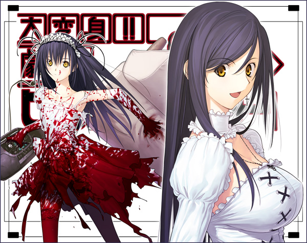 1girl, black_hair, blood, blood_on_face, blood_splatter, cross, decoration_disorder_disconnection, detached_sleeves