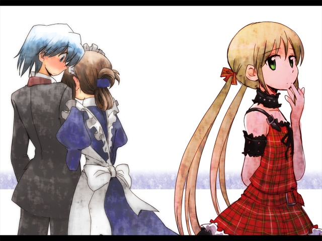 1boy, 2girls, apron, arm_behind_back, arm_grab, ayasaki_hayate, battler, belt, blue_eyes, blue_hair, blush, bow, brown_hair, camisole, choker, folded_ponytail, green_eyes, hair_ornament, hair_ribbon, hairclip, hayate_no_gotoku!, long_hair, looking_away, maid, maid_apron, maid_headdress, maria_(hayate_no_gotoku!), multiple_girls, plaid, profile, puffy_sleeves, ribbon, sanzen'in_nagi, short_hair, skirt, skirt_set, surprised, twintails, very_long_hair, yurihi_koi