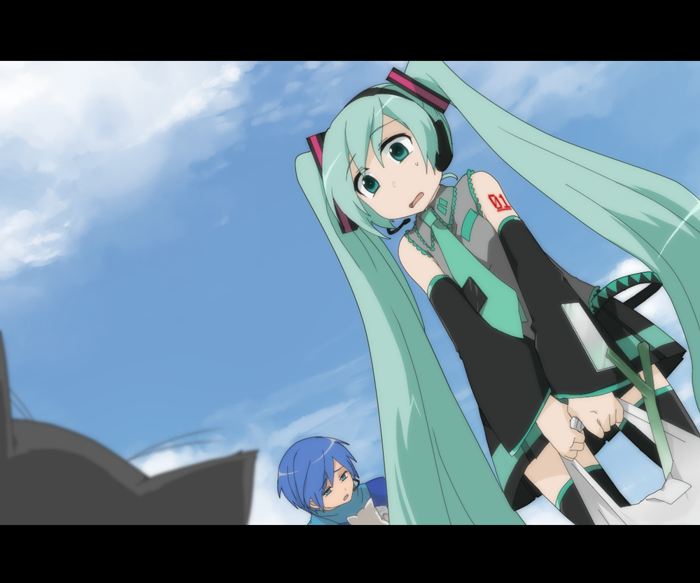 anime_coloring, bad_id, bag, blue_hair, cat, cloud, clouds, detached_sleeves