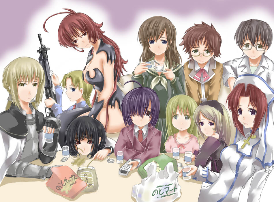 00s, 6+girls, abubu, ahoge, amaha_masane, ana_coppola, bag, bangs