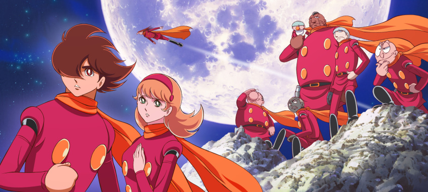 1girl, 6+boys, 60s, 70s, age_difference, ahoge, albert_heinrich, baby, bald, bangs, belt, bib, black_hair, blonde_hair, blue_eyes, boots, brown_eyes, brown_hair, carrying, chang_changku, chin_stroking, clenched_hand, cyborg, cyborg_009, dark_skin, dark_skinned_male, everyone, facial_hair, flying, francoise_arnoul, frown, full_moon, geronimo_jr, great_britain, great_britain_(cyborg_009), green_eyes, grey_hair, gun, hair_over_eyes, hair_over_one_eye, hairband, hand_on_hip, hand_on_own_chest, highres, holster, ivan_whisky, jet_link, knee_boots, konno_naoyuki, long_hair, long_image, long_nose, looking_away, mohawk, moon, multiple_boys, mustache, night, night_sky, nose, official_art, oldschool, orange_hair, outdoors, pacifier, pants, parted_lips, pyunma, red_eyes, robot_joints, rock, scarf, shading_eyes, shimamura_joe, short_hair, shoulder_carry, silver_hair, sitting, sky, spiky_hair, squinting, standing, star, star_(sky), starry_sky, uniform, weapon, wide_image