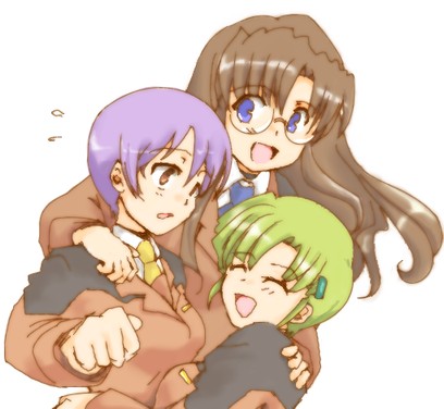 3girls, alto_krauetta, blue_eyes, brown_hair, glasses, green_hair, hug, lowres