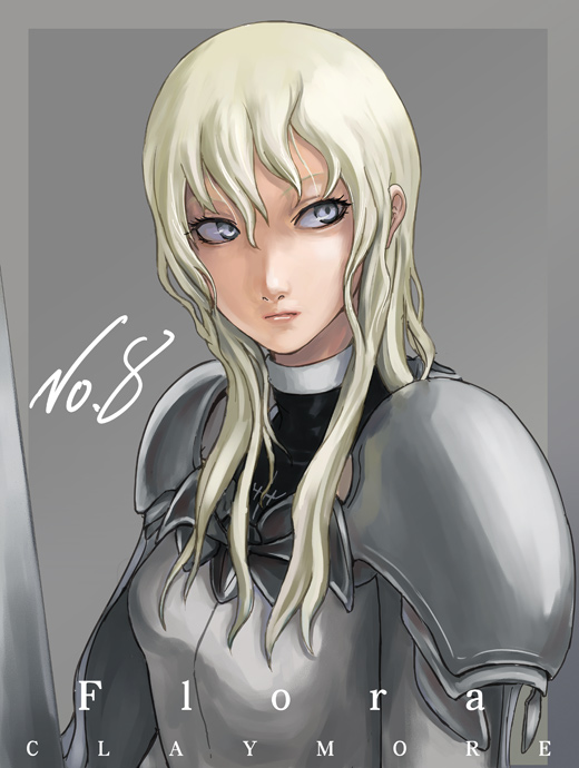 1girl, armor, blonde_hair, claymore, face, flora_(claymore), solo, tea_(nakenashi)