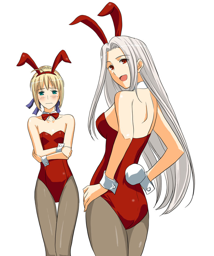 2girls, animal_ears, bare_shoulders, bunny_tail, bunnysuit, fate/stay_night, fate/zero, fate_(series), irisviel_von_einzbern, multiple_girls, pantyhose, rabbit_ears, saber, tail, tosibow, wrist_cuffs