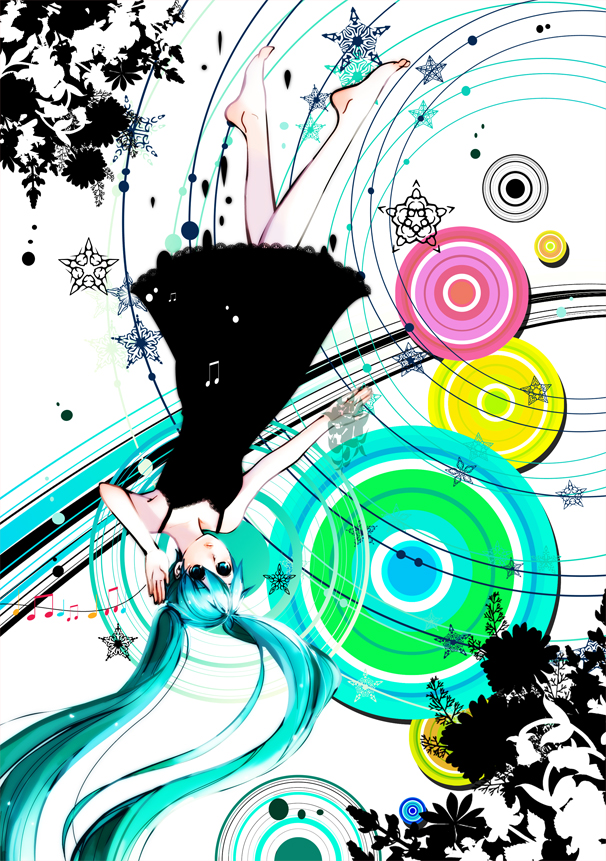 aqua_hair, bad_id, barefoot, dress, feet, hatsune_miku, kimu_(pixiv300749), long_hair