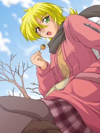 1girl, banpresto, black_legwear, blonde_hair, heterochromia, katina_tarask, pantyhose, solo