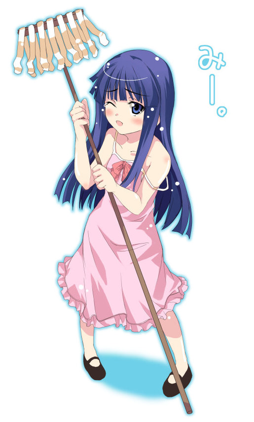 1girl, blue_eyes, blue_hair, furude_rika, hamayumiba_sou, higurashi_no_naku_koro_ni, long_hair, mop