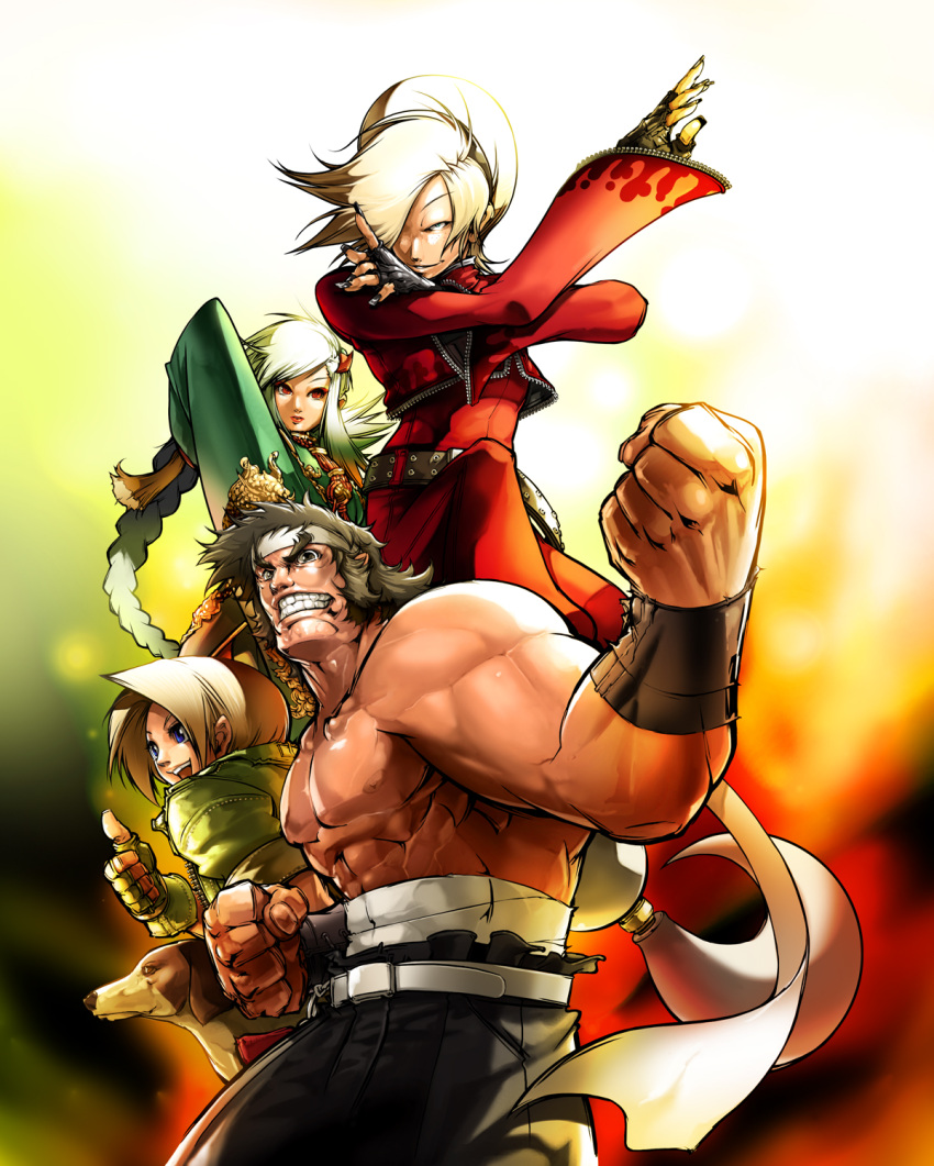 2boys, 2girls, abs, androgynous, ash_crimson, belt, blue_mary, braid, clenched_teeth, crossdressinging, crossover, dog, eyebrows, falcoon, fatal_fury, fighter's_history, fingerless_gloves, fingernails, gloves, hair_over_one_eye, headband, highres, king_of_fighters, king_of_fighters_maximum_impact, kof:_maximum_impact, long_fingernails, long_hair, long_nails, makoto_mizoguchi, manly, mizoguchi_makoto, multiple_boys, multiple_girls, muscle, nail, snk, teeth, the_king_of_fighters, thumbs_up, trap, xiao_lon