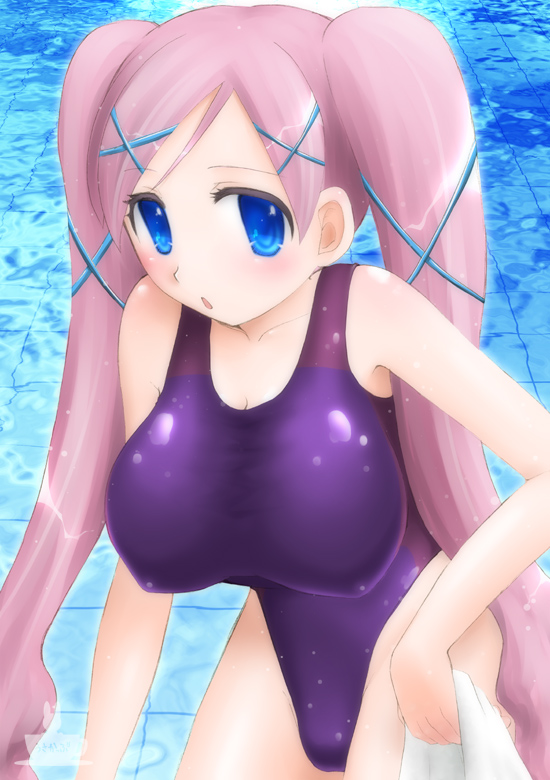 1girl, akai_maho, blue_eyes, breasts, doki_doki_majo_shinpan, erect_nipples, huge_breasts, minyo