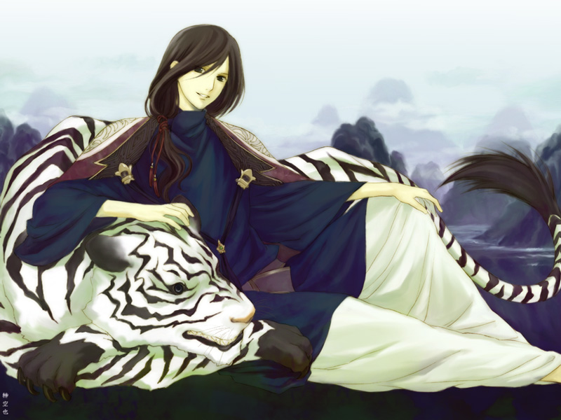 1boy, androgynous, black_eyes, black_hair, juuni_kokuki, long_hair, male_focus, sakaki_kuuya
