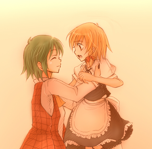 apron, ascot, bad_id, blonde_hair, braid, closed_eyes, gradient, gradient_background, green_hair, kazami_yuuka, kirisame_marisa, lifting, multiple_girls, nagasawa_(pixiv172331), nagasawa_(tthnhk), no_hat, no_headwear, plaid, plaid_skirt, plaid_vest, short_hair, side_braid, skirt, skirt_set, smile, touhou
