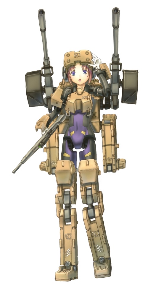 1girl, :d, blush, brown_eyes, brown_hair, busou_shinki, cannon, fort_bragg
