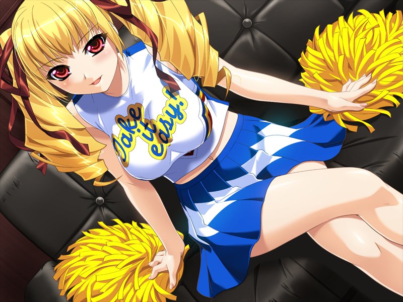 1girl, blonde_hair, blush, breasts, cheerleader, clothes_writing, couch, game_cg