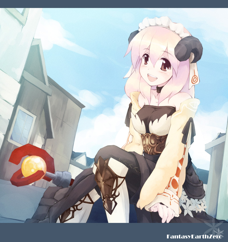1girl, brown_eyes, corriedale_(fantasy_earth_zero), fantasy_earth_zero, happy, horns, maid_headdress, pink_hair, sheep_horns, short_hair, sky, solo, yukitarou_(awamori)