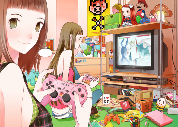 2girls, bangs, bedroom, blunt_bangs, book, brown_hair, bubblegum, chest_of_drawers