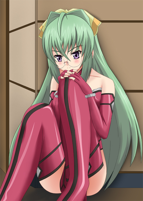blush, elbow_gloves, fingerless_gloves, glasses, gloves, green_hair, kannagi_itsuki, long_hair