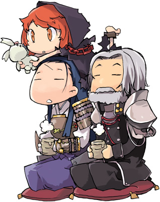 1girl, 2boys, =_=, armor, atlus, bangs, barefoot, beard