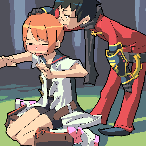 2girls, ;o, alchemist, alchemist_(sekaiju), androgynous, arm_guards, atlus, belt