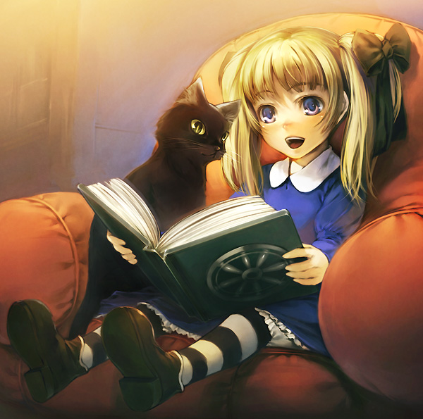 1girl, :d, alice_(odin_sphere), black_cat, blonde_hair, blue_eyes, book, bow