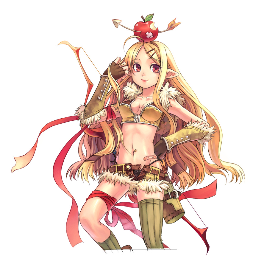 absurdres, apple, apple_o_archer, arrow, blonde_hair, bow_(weapon), food, food_as_clothes, fruit, hand_on_hip, highres, hips, ragnarok_online, ribbon, sniper, sniper_(ragnarok_online), transparent_background, weapon