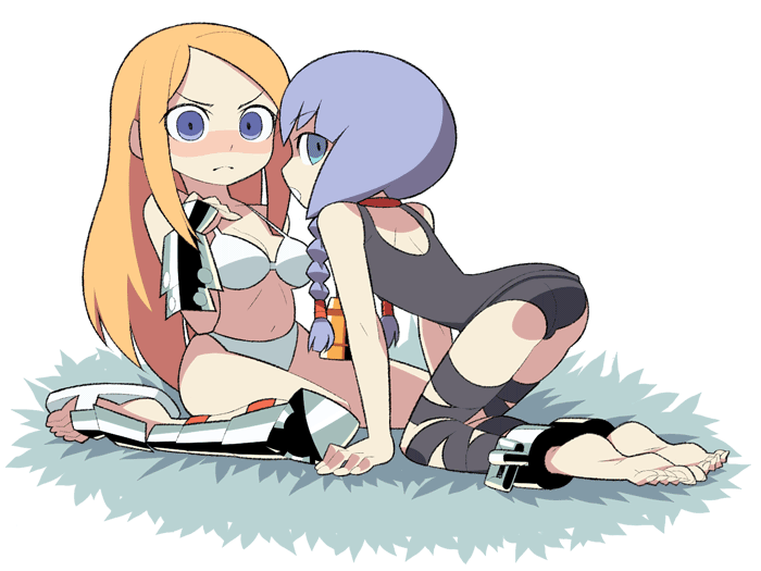 2girls, atlus, barefoot, bikini, curse_maker, himukai_yuuji, multiple_girls, one-piece_swimsuit