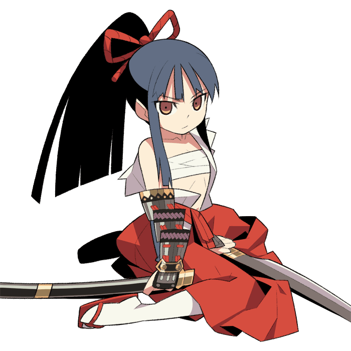 1girl, armor, atlus, bangs, bare_shoulders, blue_hair, brown_hair, bushidou_(sekaiju)