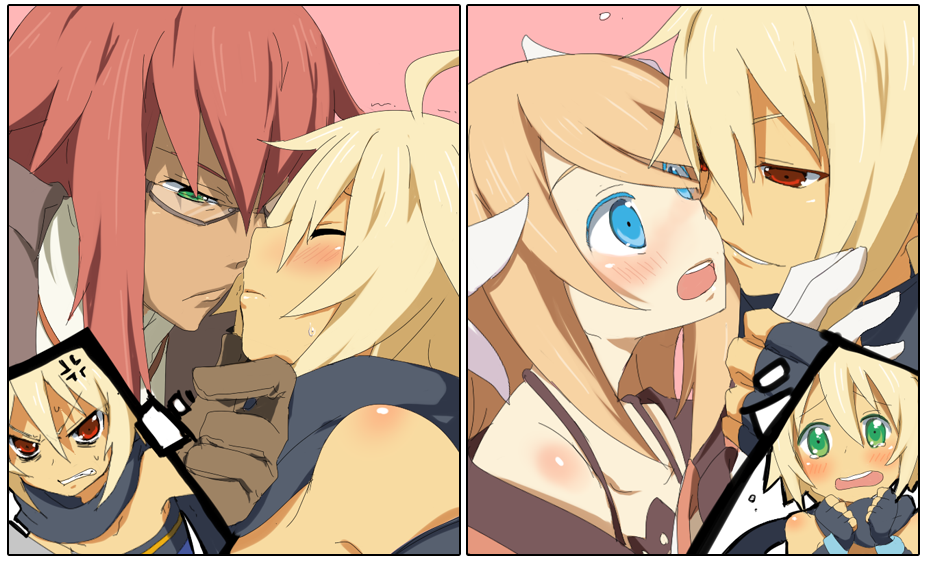 5boys, ahoge, bare_shoulders, blonde_hair, blue_eyes, blush, brown_hair, closed_eyes