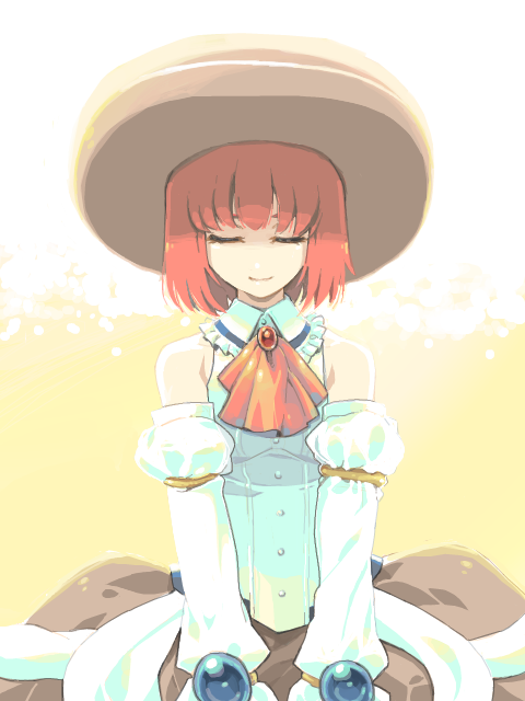 bare_shoulders, closed_eyes, detached_sleeves, dress, frills, hat, hpa_(pixiv), red_hair