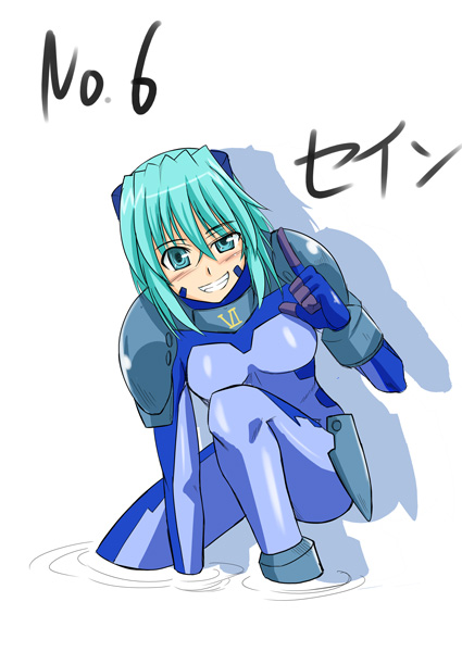 1girl, bodysuit, character_name, facial_mark, grin, lyrical_nanoha, mahou_shoujo_lyrical_nanoha, mahou_shoujo_lyrical_nanoha_strikers